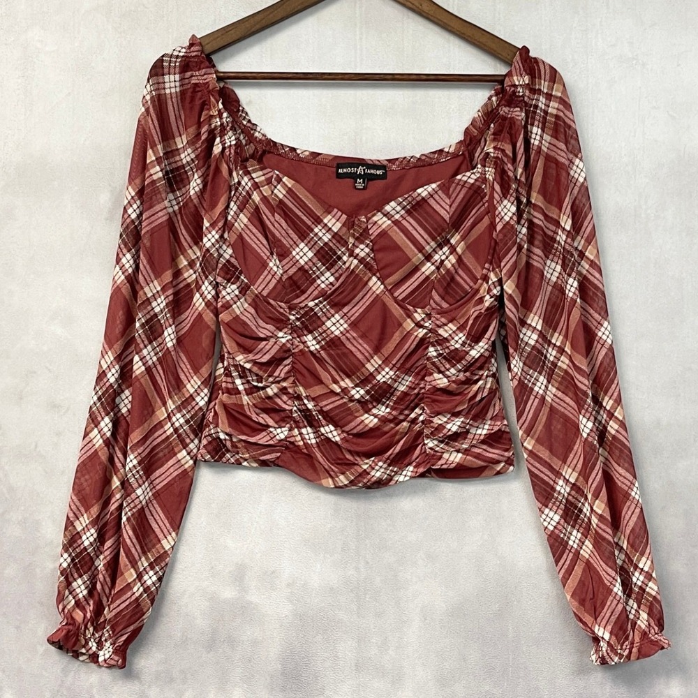 Almost Famous Womens Plaid Mesh Corset Top M Ruched Milkmaid Y2K Grunge Coquette